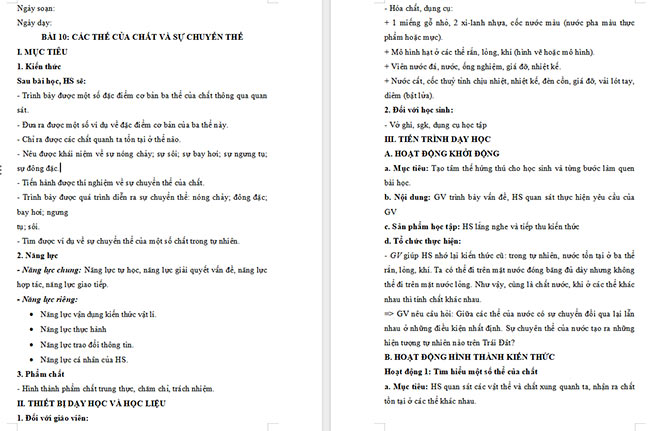 Giáo án Khoa học tự nhiên 6 Các thể của chất và sự chuyển thể