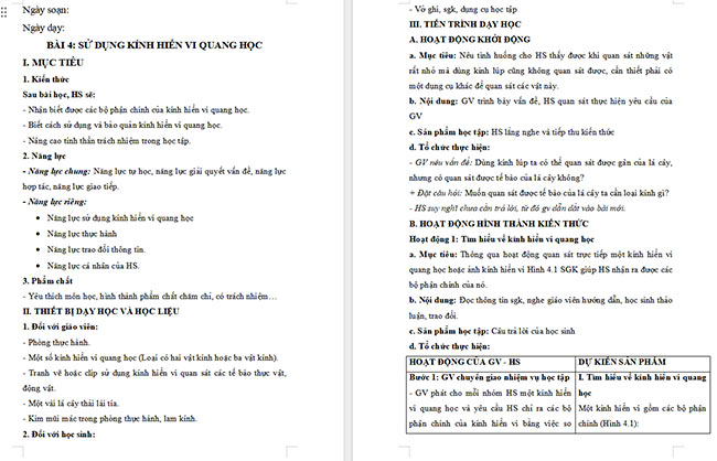 Giáo án Khoa học tự nhiên 6 Sử dụng kính hiển vi quang học