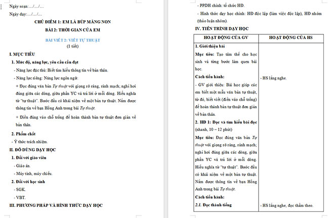 Giáo án Tiếng Việt 2 Viết tự thuật
