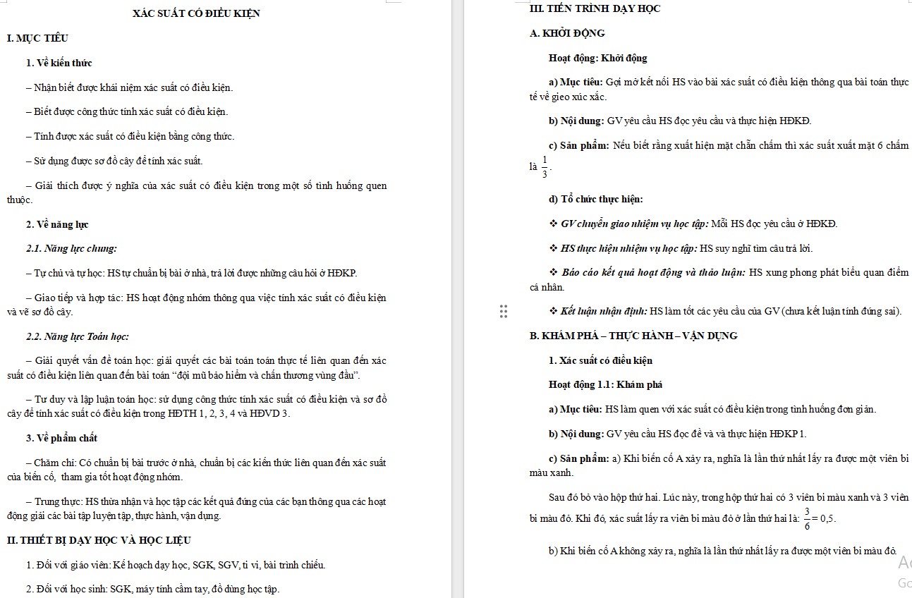 Kế hoạch bài dạy Toán 12 CTST Bài Xác suất có điều kiện