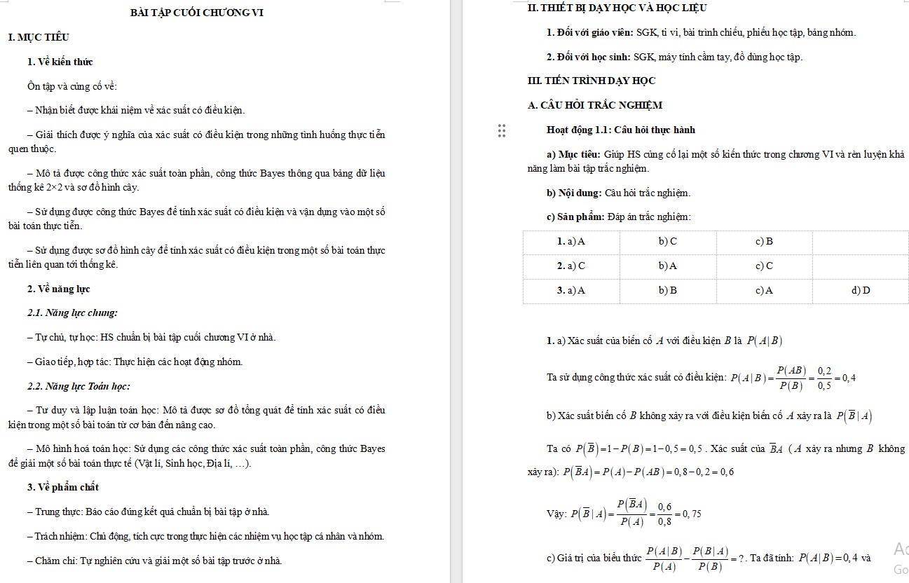 Kế hoạch bài dạy Toán 12 CTST Bài tập cuối chương VI