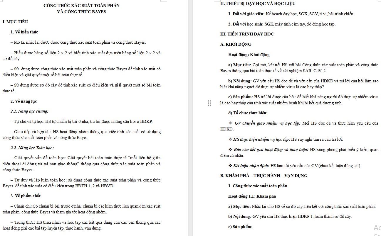 Kế hoạch bài dạy Toán 12 CTST Bài Công thức xác suất toàn phần và công thức Bayes