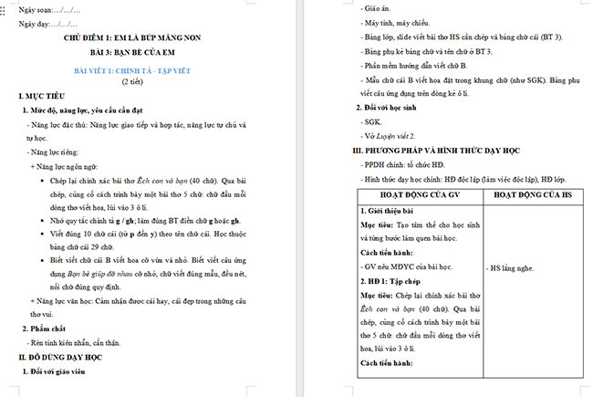 Giáo án Tiếng Việt 2 Tập chép Ếch con và bạn, Chữ hoa B