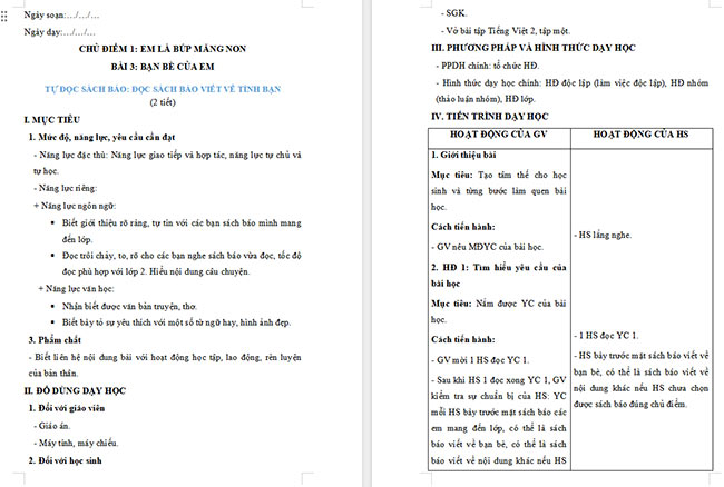 Giáo án Tiếng Việt 2 Đọc sách báo viết về tình bạn