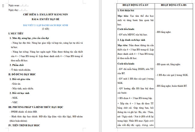 Giáo án Tiếng Việt 2 Lập danh sách học sinh