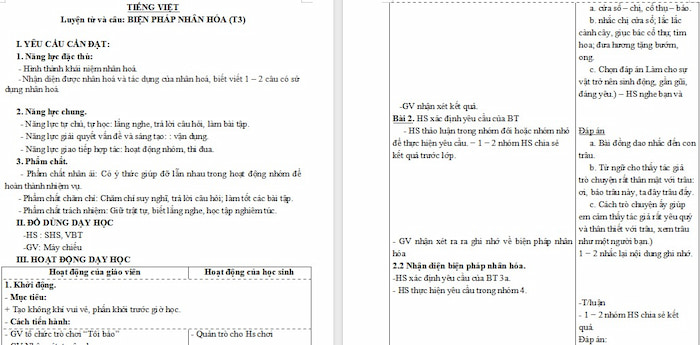 Giáo án Tiếng Việt 4: Biện pháp nhân hoá