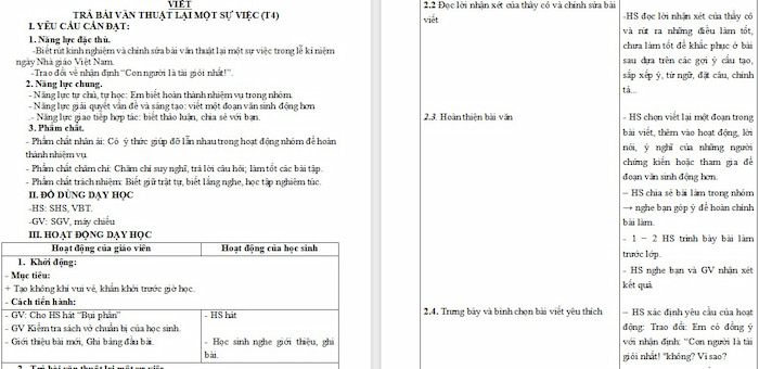Giáo án Tiếng Việt 4: Trả bài văn thuật lại một sự việc