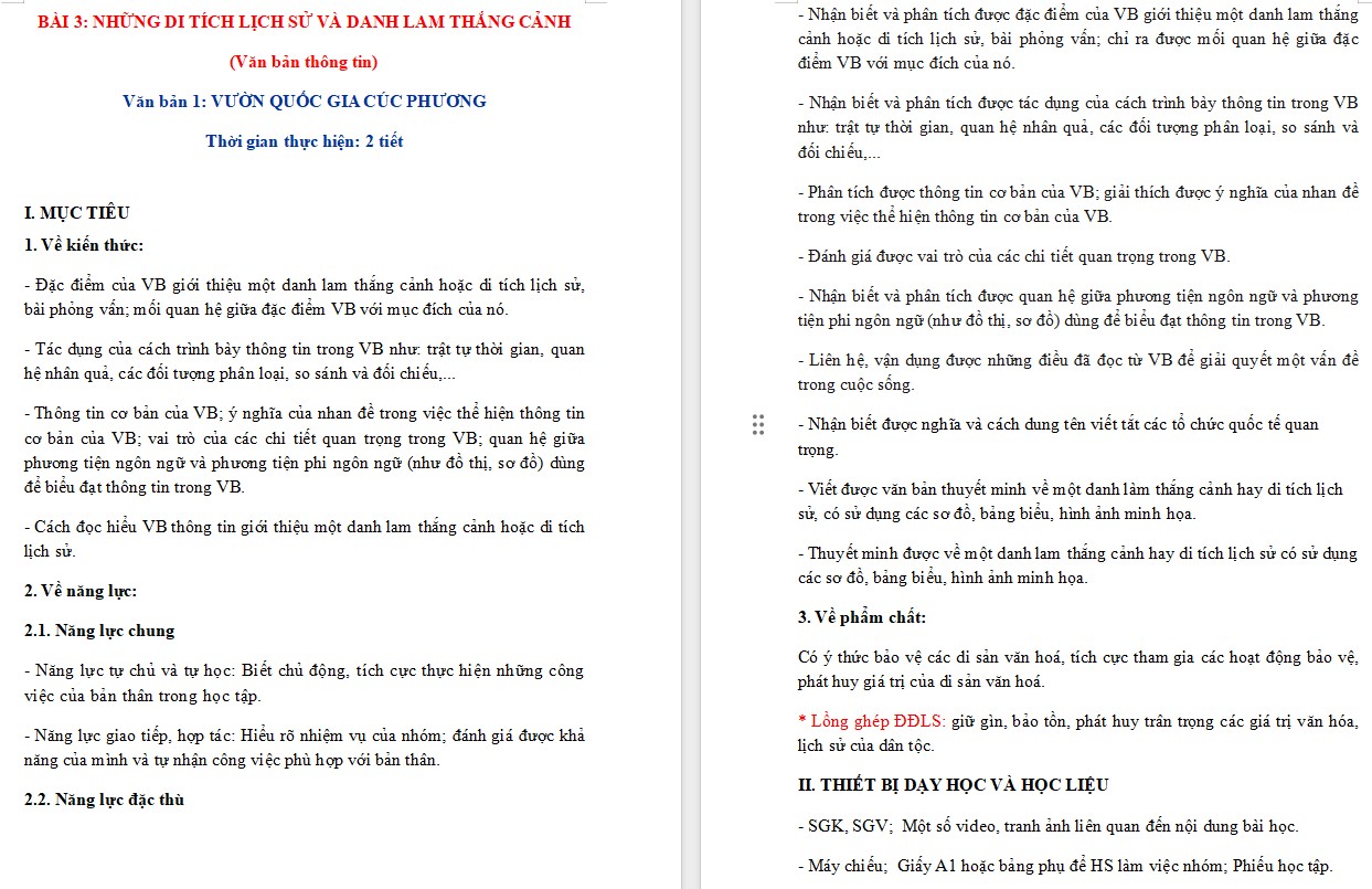 Giáo án Bài Vườn quốc gia Cúc Phương Ngữ văn 9 CTST