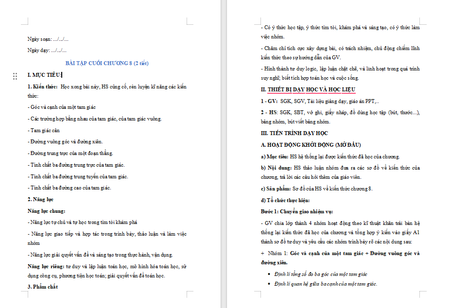 Giáo án Toán 7 Chân trời Bài tập cuối chương 8