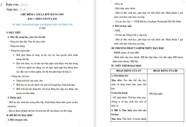  Giáo án Tiếng Việt 2 Đọc sách báo viết về thầy cô 