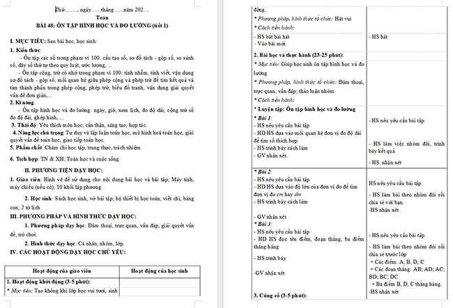 Giáo án Toán 2: Ôn tập hình học và đo lường