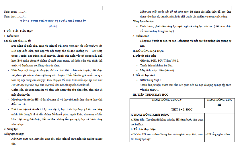 Giáo án Tiếng Việt lớp 5 Bài 24: Tinh thần học tập của nhà Phi-lít