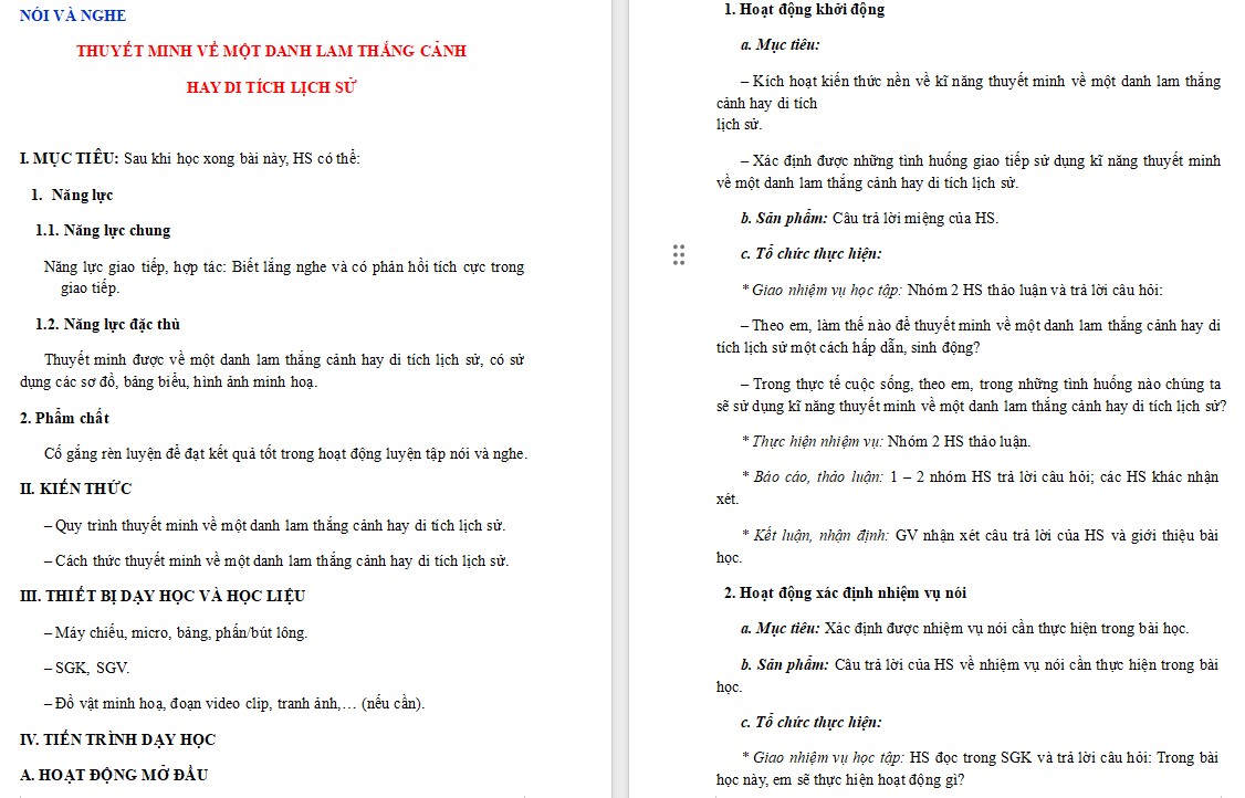 Giáo án Bài Thuyết minh về một danh lam thắng cảnh hay di tích lịch sử Ngữ văn 9 CTST