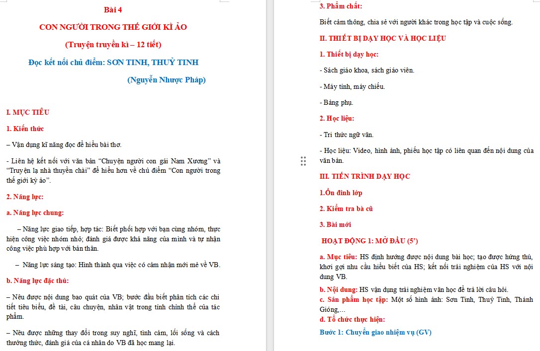 Giáo án Bài Sơn Tinh, Thủy Tinh Ngữ văn 9 CTST