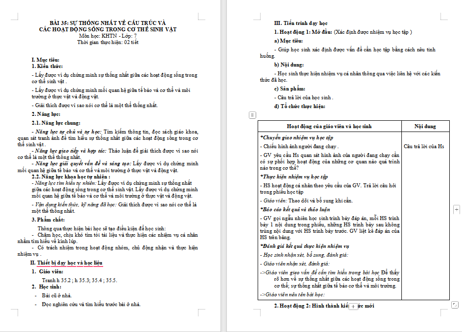 Sự thống nhất về cấu trúc và các hoạt động sống trong cơ thể sinh vật