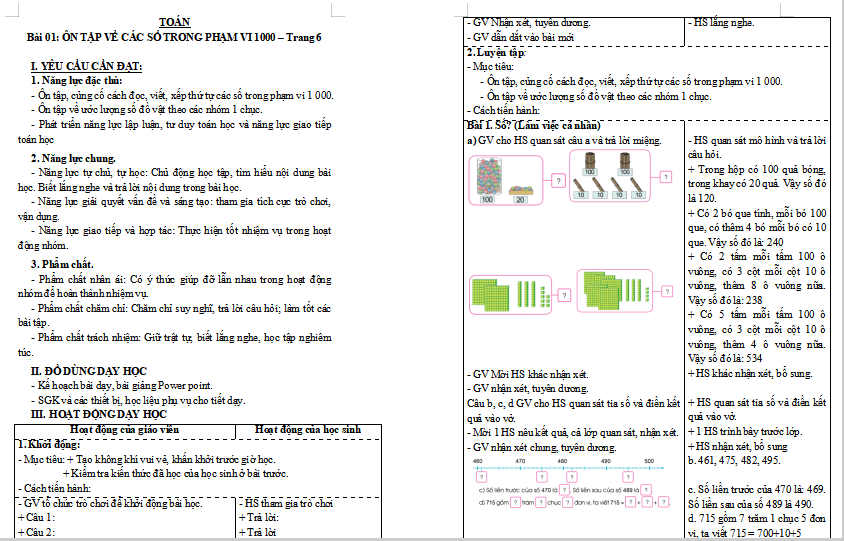 Giáo án Toán lớp 3: Ôn tập về các số trong phạm vi 1000