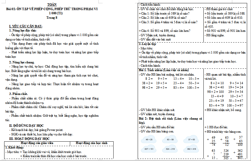Giáo án Toán lớp 3: Ôn tập về phép cộng, phép trừ trong phạm vi 1000
