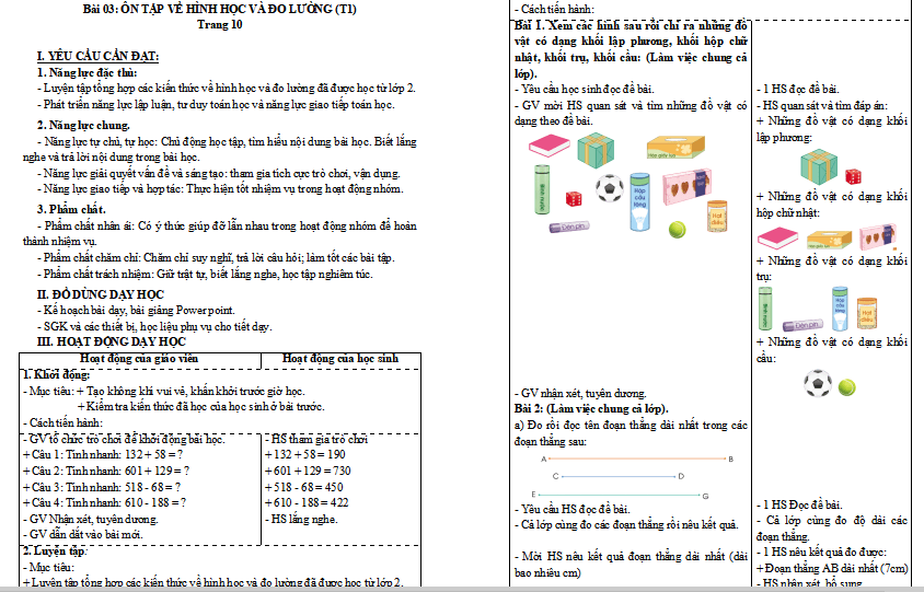 Giáo án Toán lớp 3: Ôn tập về hình học và đo lường