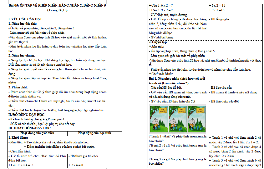 Giáo án Toán lớp 3: Ôn tập về phép nhân, bảng nhân 2, bảng nhân 5