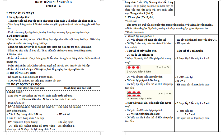 Giáo án Toán lớp 3: Bảng nhân 3