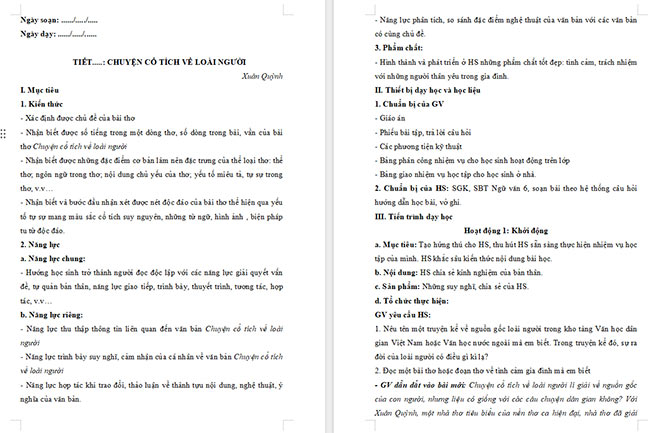 Giáo án Văn 6 Bài 2: Chuyện cổ tích về loài người