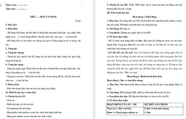 Giáo án Văn 6 Bài 2: Mây và sóng