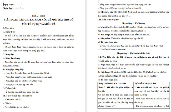 Giáo án Văn 6 Bài 2: Viết đoạn văn ghi lại cảm xúc về một bài thơ có yếu tố tự sự và miêu tả