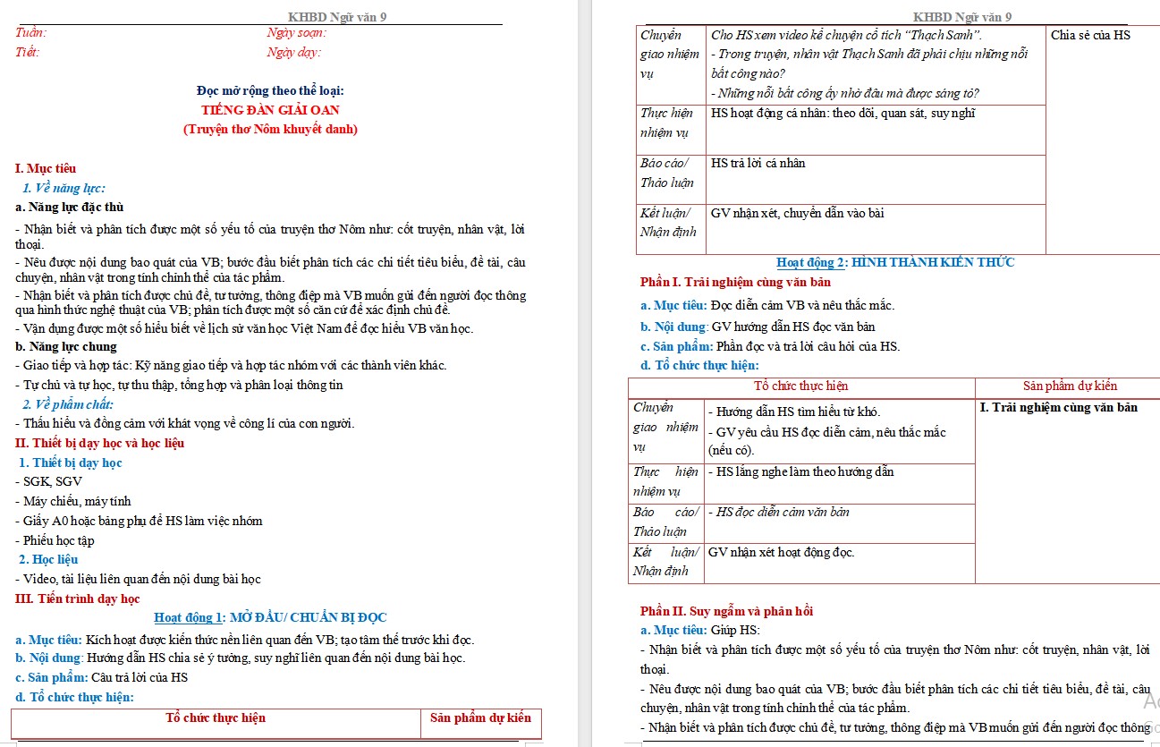 Giáo án Bài Tiếng đàn giải oan Ngữ văn 9 CTST