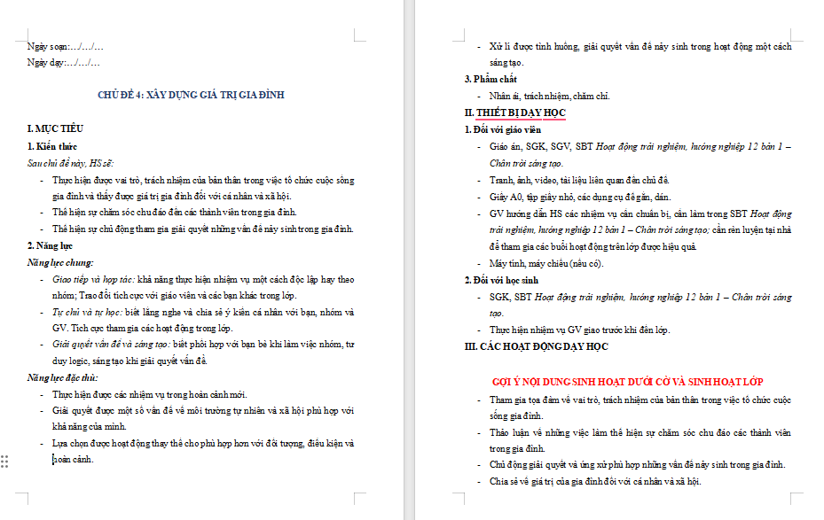 Giáo án PowerPoint Hoạt động trải nghiệm 12 Chủ đề 4: Xây dựng giá trị gia đình
