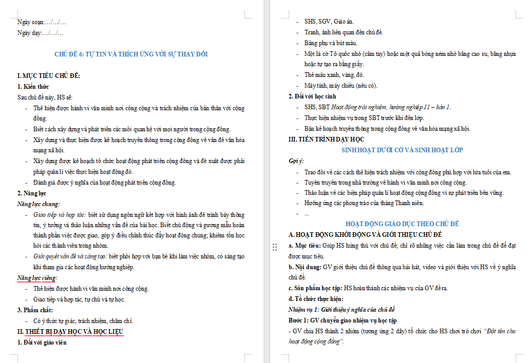 Giáo án Hoạt động trải nghiệm 11 Chủ đề 6: Thực hiện trách nhiệm với cộng đồng