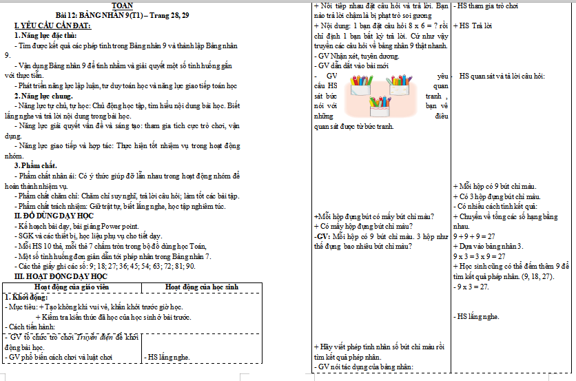 Giáo án Toán lớp 3: Bảng nhân 9