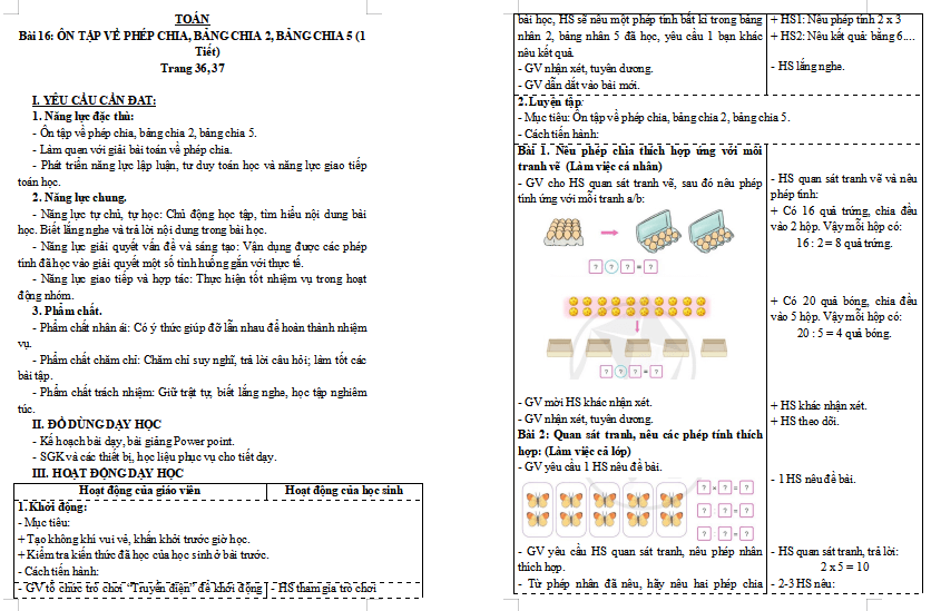 Giáo án Toán lớp 3: Ôn tập về phép chia, bảng chia 2, bảng chia 5