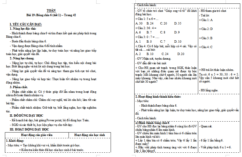 Giáo án Toán lớp 3: Bảng chia 6