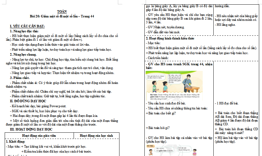 Giáo án Toán lớp 3: Giảm một số đi một số lần
