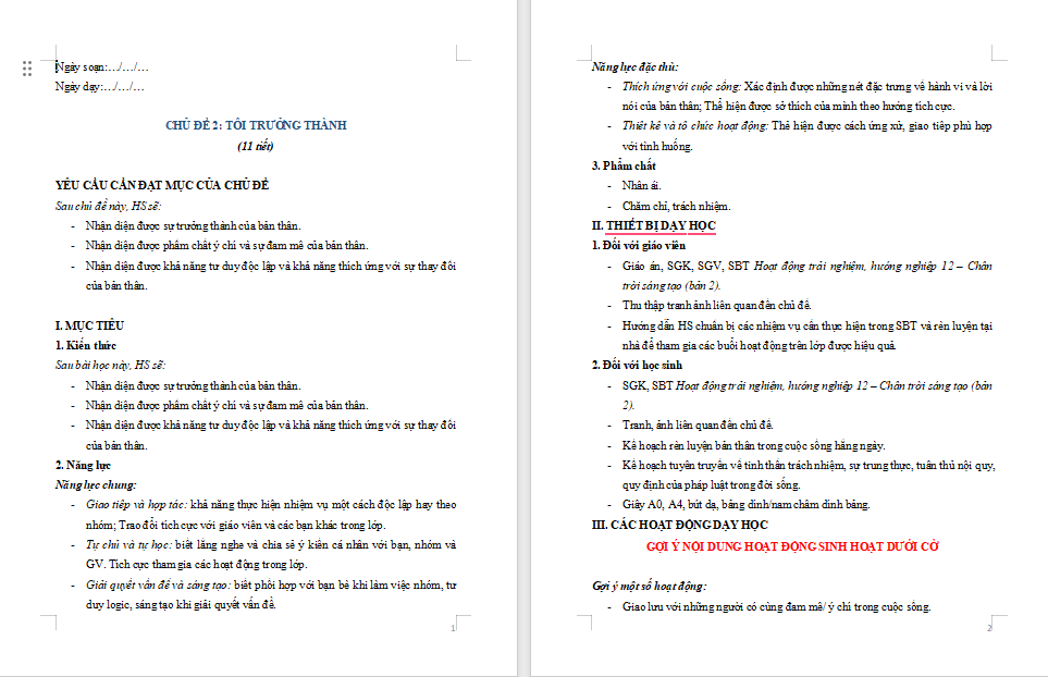 Hoạt động trải nghiệm 12 Tôi trưởng thành