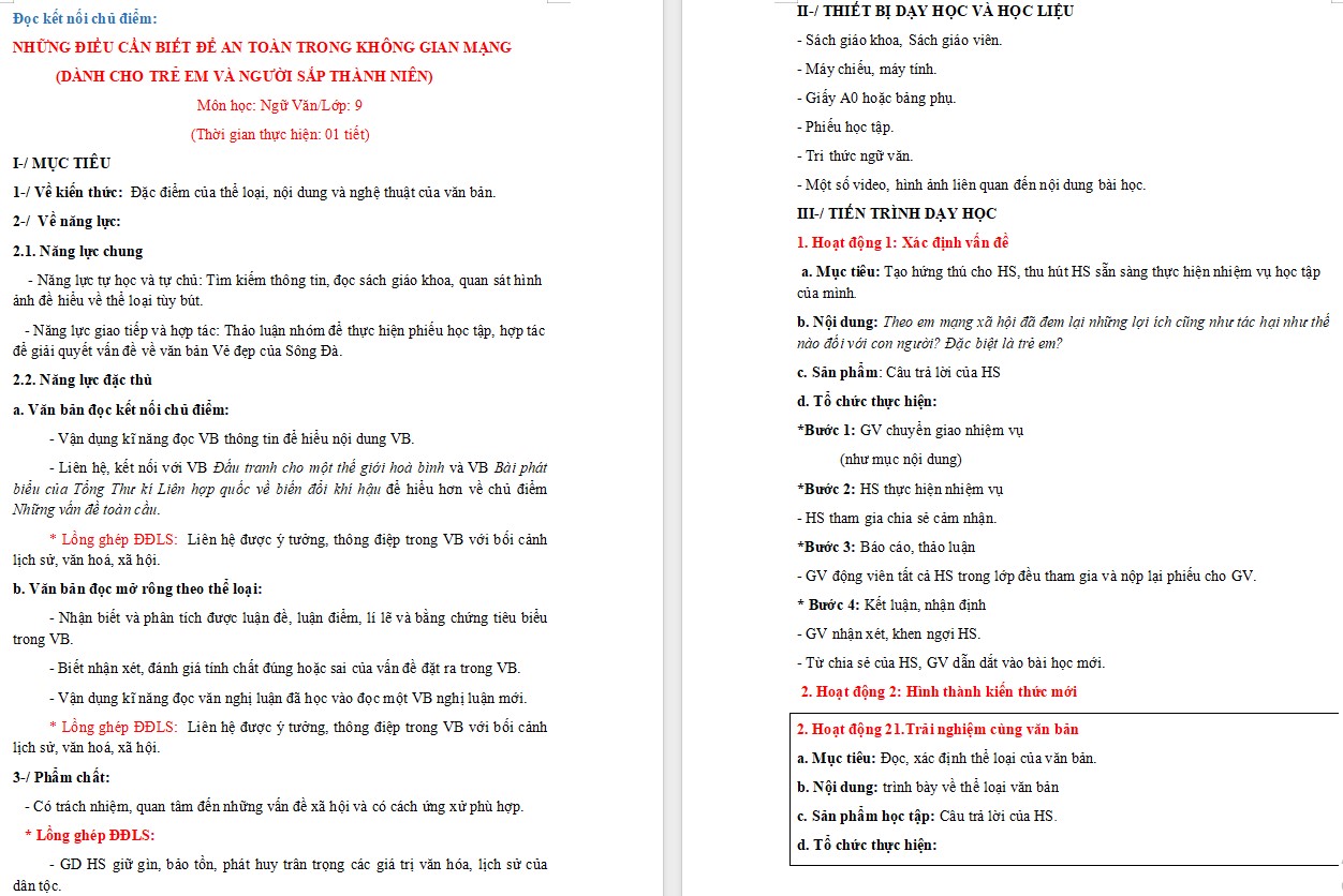 Giáo án Bài Những điều cần biết để an toàn trong không gian mạng Ngữ văn 9 CTST
