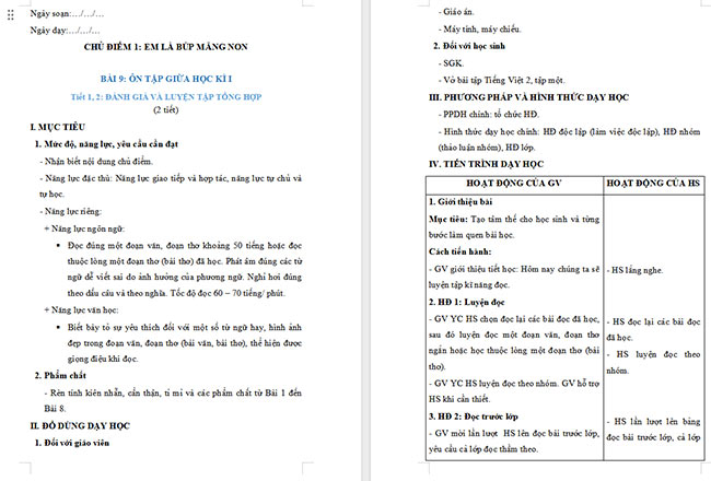 Giáo án Tiếng Việt 2 Ôn tập cuối học kì 1 Tiết 1, 2