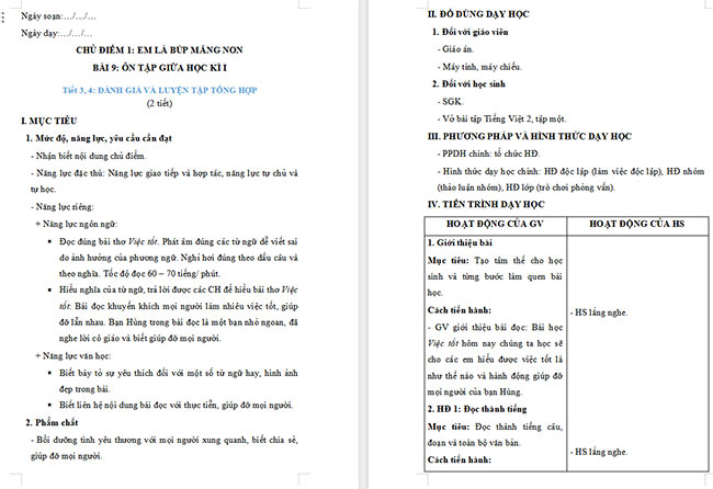 Giáo án Tiếng Việt 2 Ôn tập cuối học kì 1 Tiết 3, 4