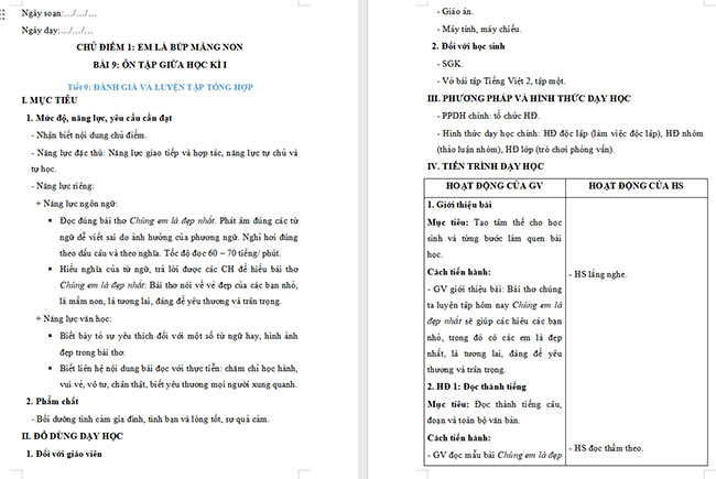 Giáo án Tiếng Việt 2 Ôn tập cuối học kì 1 Tiết 9, 10