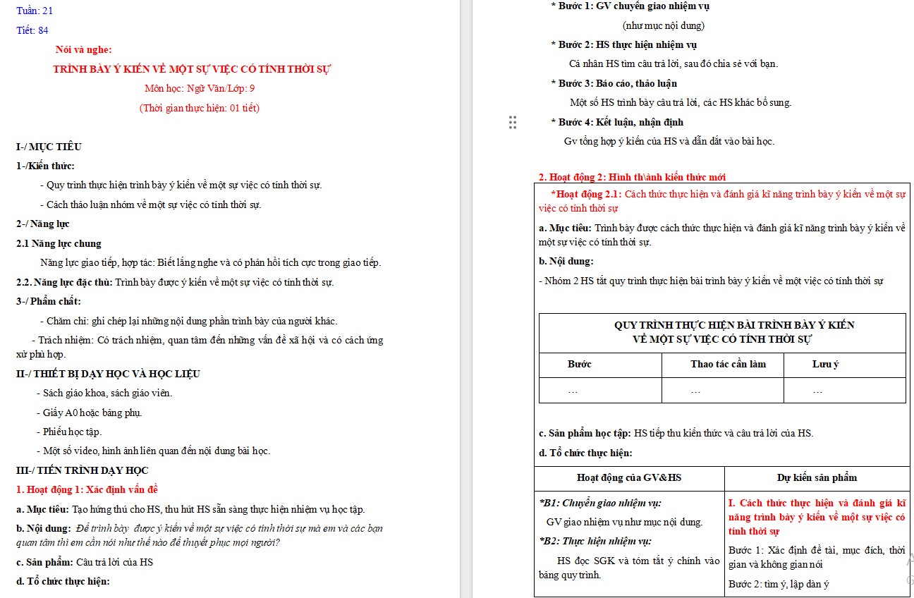 Giáo án Bài Trình bày ý kiến về một sự việc có tính thời sự Ngữ văn 9 CTST