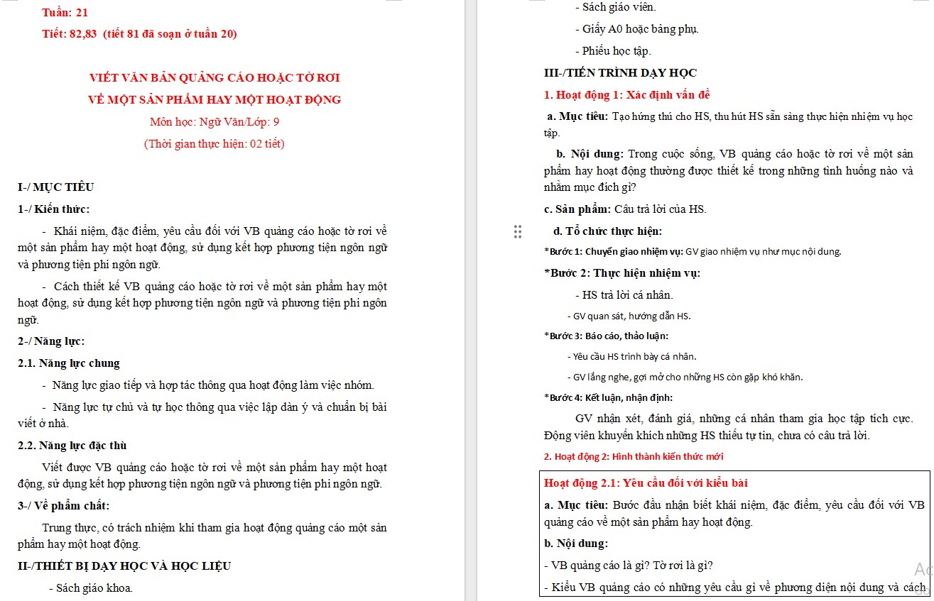 Giáo án Bài Viết văn bản quảng cáo hoặc tờ rơi về một sản phẩm hay một hoạt động Ngữ văn 9 CTST
