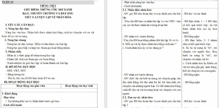 Giáo án Tiếng Việt 4: Luyện tập về nhân hoá