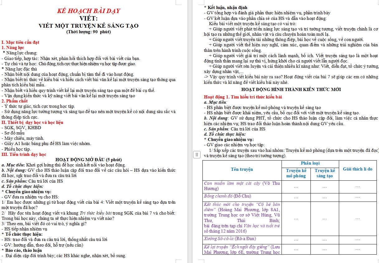 Giáo án Bài Viết một truyện kể sáng tạo Ngữ văn 9 CTST