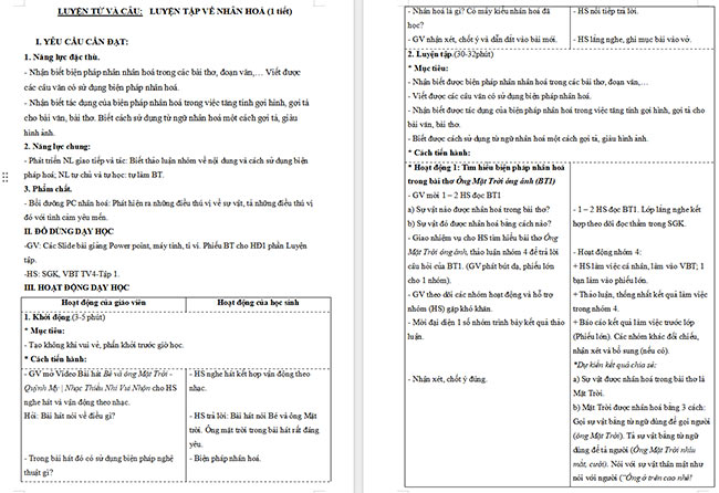 Giáo án Tiếng Việt 4 Luyện tập về nhân hóa