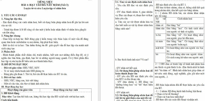 Giáo án Tiếng Việt 4: Luyện tập về nhân hoá