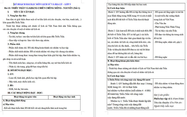 Giáo án Lịch sử - Địa lí 5 Triều Trần và kháng chiến chống Mông - Nguyên