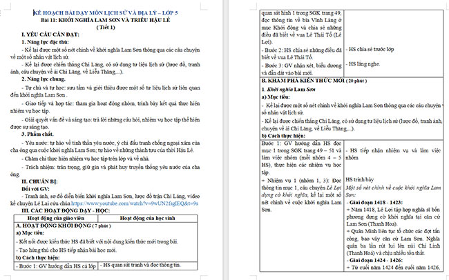 Giáo án Lịch sử - Địa lí 5 Khởi nghĩa Lam Sơn và Triều Hậu Lê