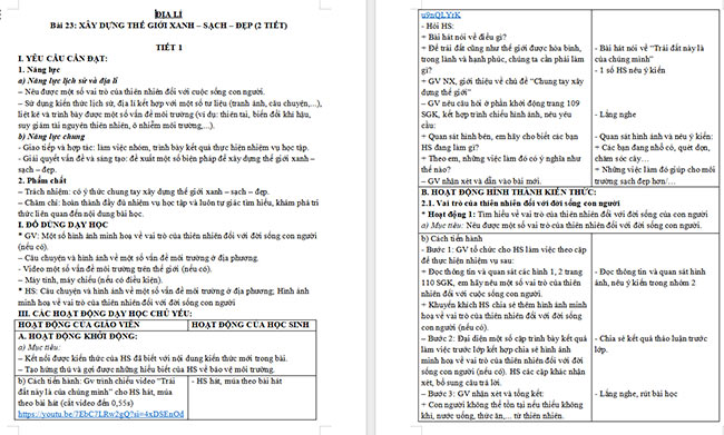 Giáo án Lịch sử - Địa lí 5 Xây dựng thế giới xanh - sạch - đẹp