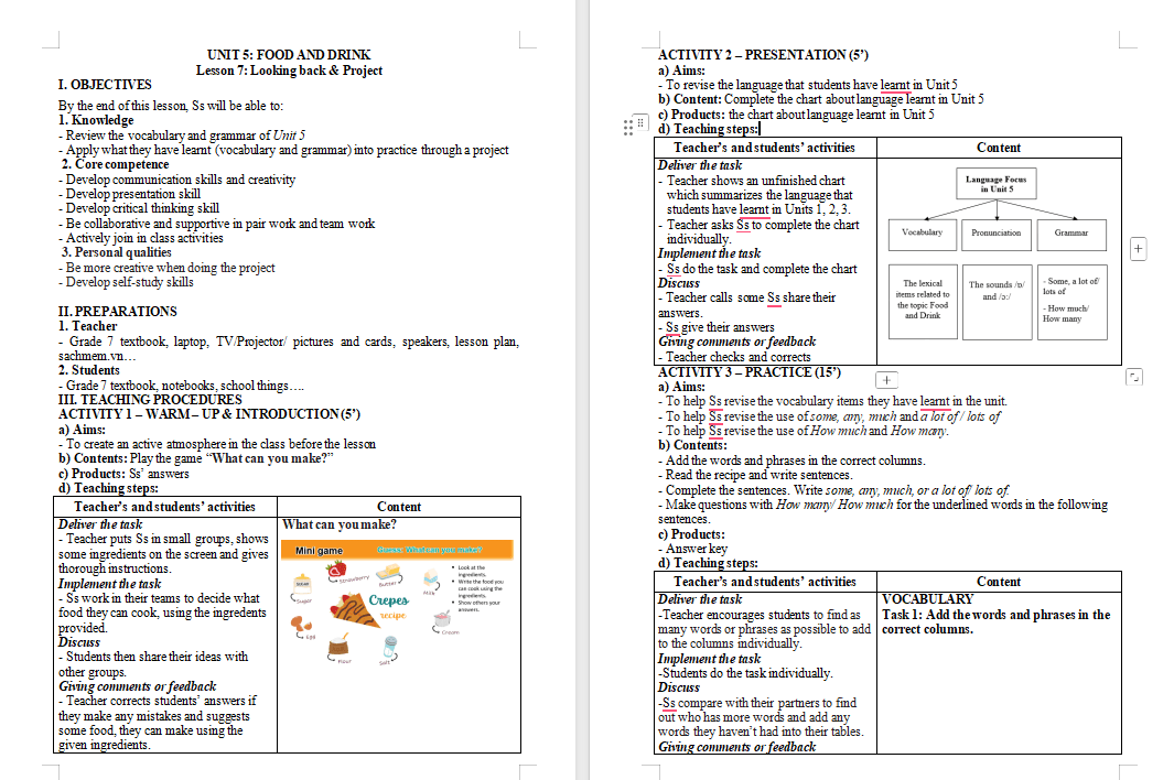 Tiếng Anh 7 Unit 5: Looking Back