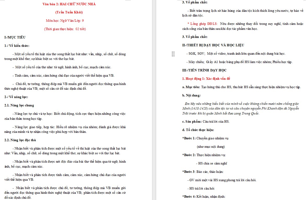 Giáo án Bài Hai chữ nước nhà Ngữ văn 9 CTST